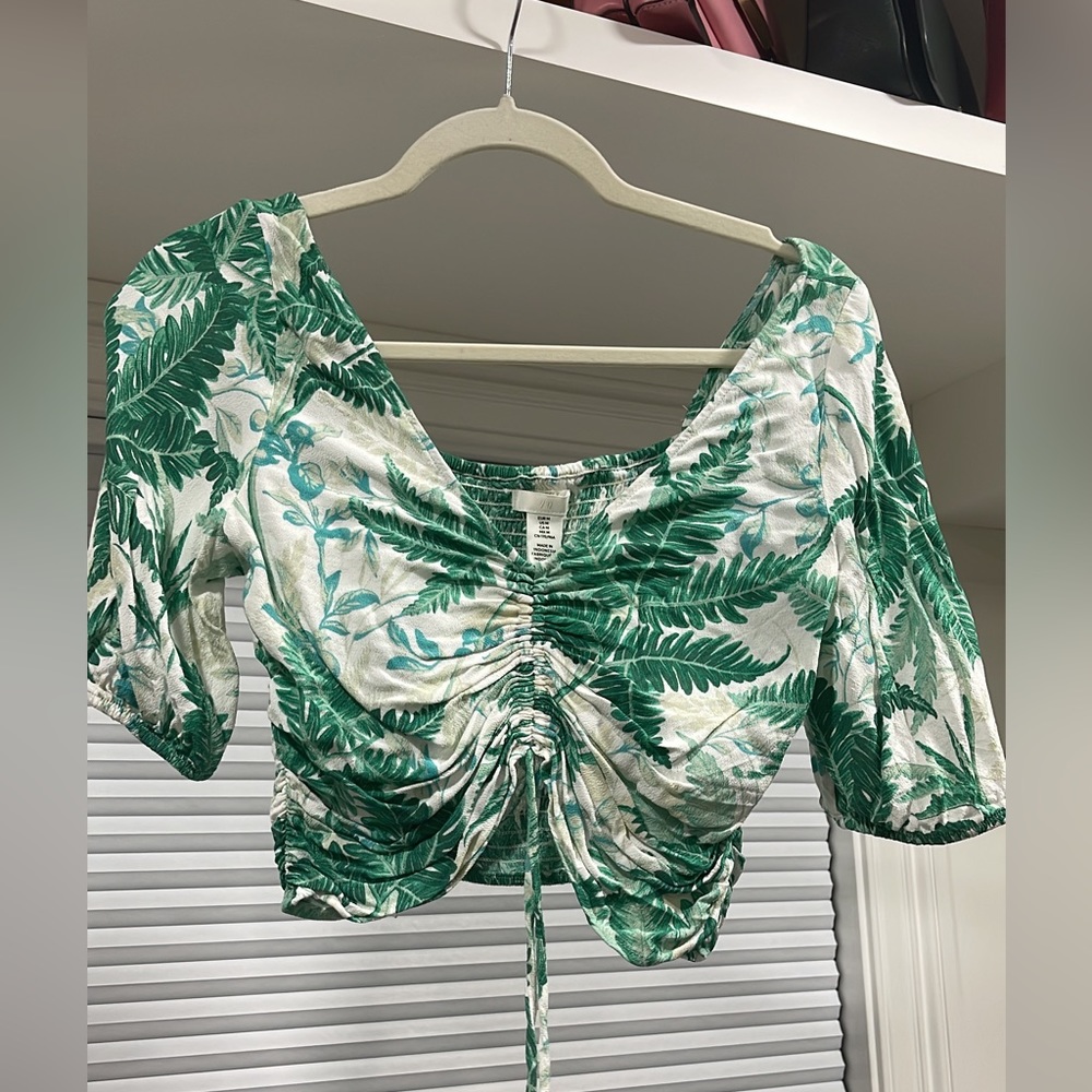V-neck Drawstring Blouse❤️ White/leaf-patterned - Picture 4 of 8